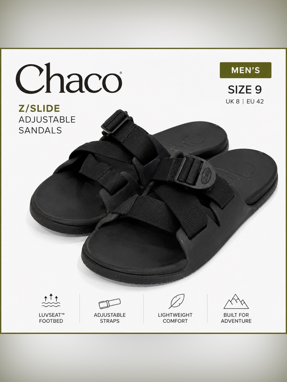 Chaco Men’s Black Z/Slide Adjustable Sport Sandals Size 9 Hiking Casual